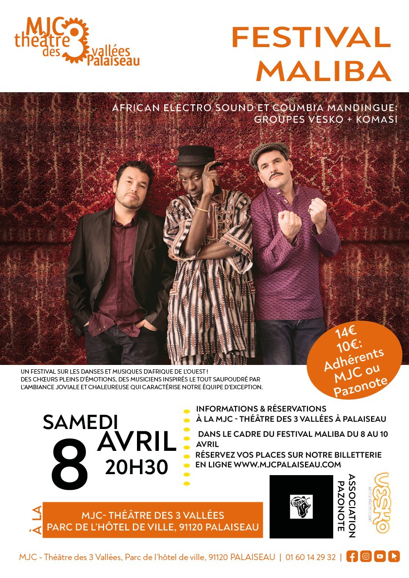 MJCPalaiseau's tweet photo. 🌍Rencontrez la musique de l'Afrique de l'Ouest avec Vesko + Komasi( https://t.co/nJFE6hkpTB) le 8️⃣ avril à 20h30. Réservez vos place sur: https://t.co/GiSMj8vSPB
Dans le cadre du Festival Maliba en partenariat avec l'association Pazonote.
#concerts #Afrique #palaiseau https://t.co/zgifDAbHCf
