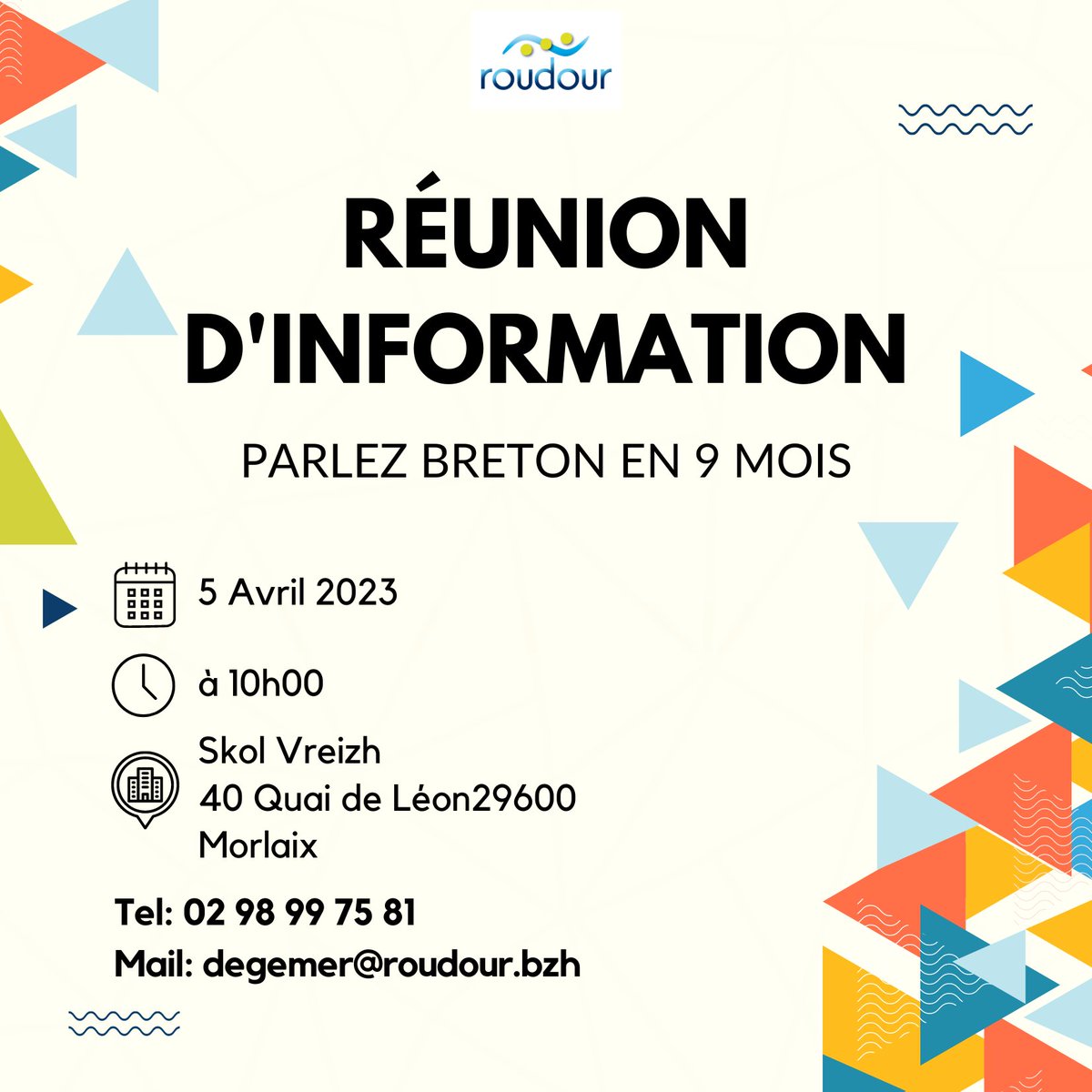 Roudour's tweet photo. Petite modification de l'adresse de notre réunion d'information de ce mercredi 5 Avril 2023.

Rendez-vous à 10h, à :
Skol Vreizh
40, Quai de Léon
29600 Morlaix https://t.co/wB4tggVFau