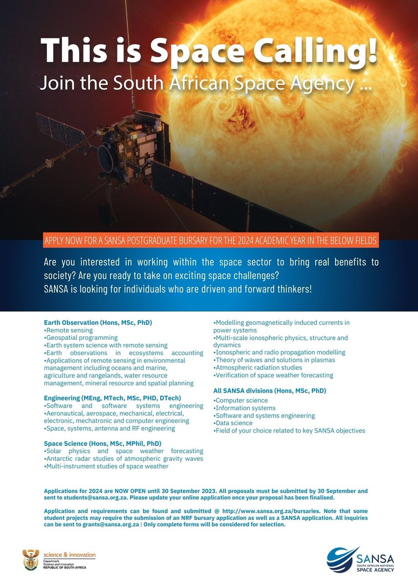 📢 Announcement! 

SANSA is happy to announce that our 2024 online bursary applications are now open. 

Students can apply at sansa.org.za/bursaries/ before 30 September 2023. 

All the best to the applicants! 🛰️🚀🌍☀️

@dsigovza <a href="/NRF_News/">National Research Foundation of South Africa</a>