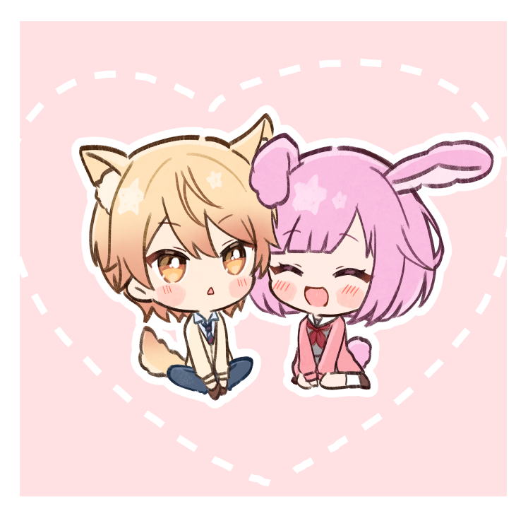 1girl 1boy rabbit ears animal ears tail pink hair chibi  illustration images