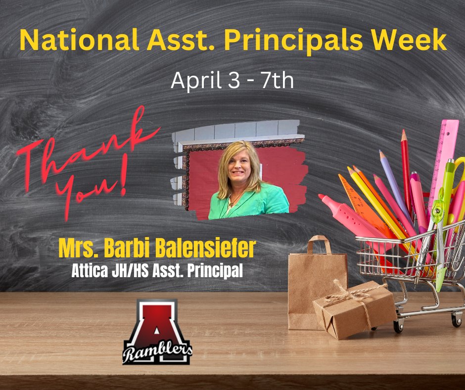 AtticaRamblers1's tweet photo. Attica CS would like to thank Mrs. Balensiefer for her contributions not only at Attica JH/HS but throughout the entire district.  She is a Blessing to all of the Red Rambler Nation! #RedRamblers #FinsUpFinsForward #FishPhilosophy @EducateIN @INPrincipals @SecJennerIN https://t.co/4obWnCjyDT