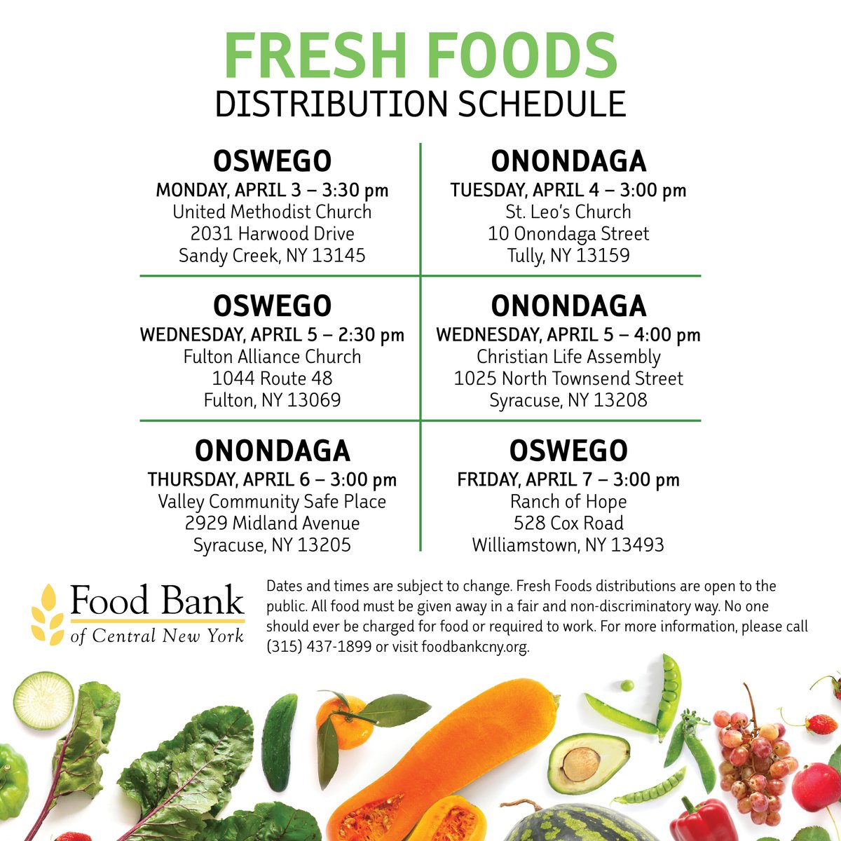 Looking for fresh foods at no cost? We're here to help!

🚛: Our Mobile Food Pantry will be in #WestMonroe, #Syracuse, and #Cuyler.

🍎: Food Bank partner agencies are hosting distributions in #SandyCreek, #Tully, #Fulton, #Syracuse, and #Williamstown.