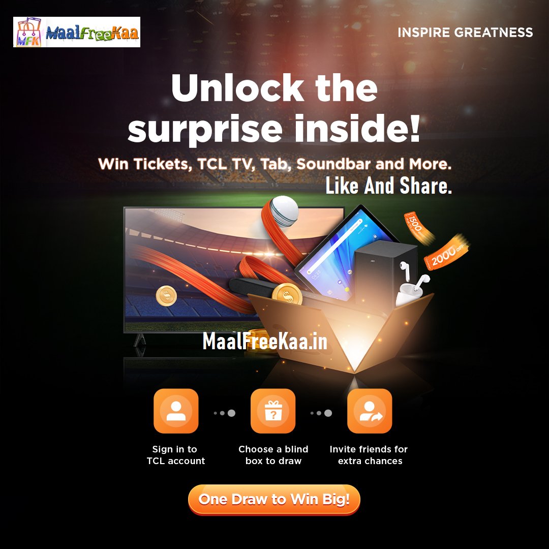 MaalFreeKaa's tweet photo. Open Your Surprise Blind Box Draw & Win Prizes
#PlayOnMaalFreeKaa & #Win #MaalFreeKaa #Prizes
https://t.co/fFhRW31C5d
#FreeSmartTV #IPLTicket #FreeIPLTicket #Contest #ContestAlert #LuckyDraw #Soundbar #Tablets #BlindBoxDraw https://t.co/4llzPYanHy