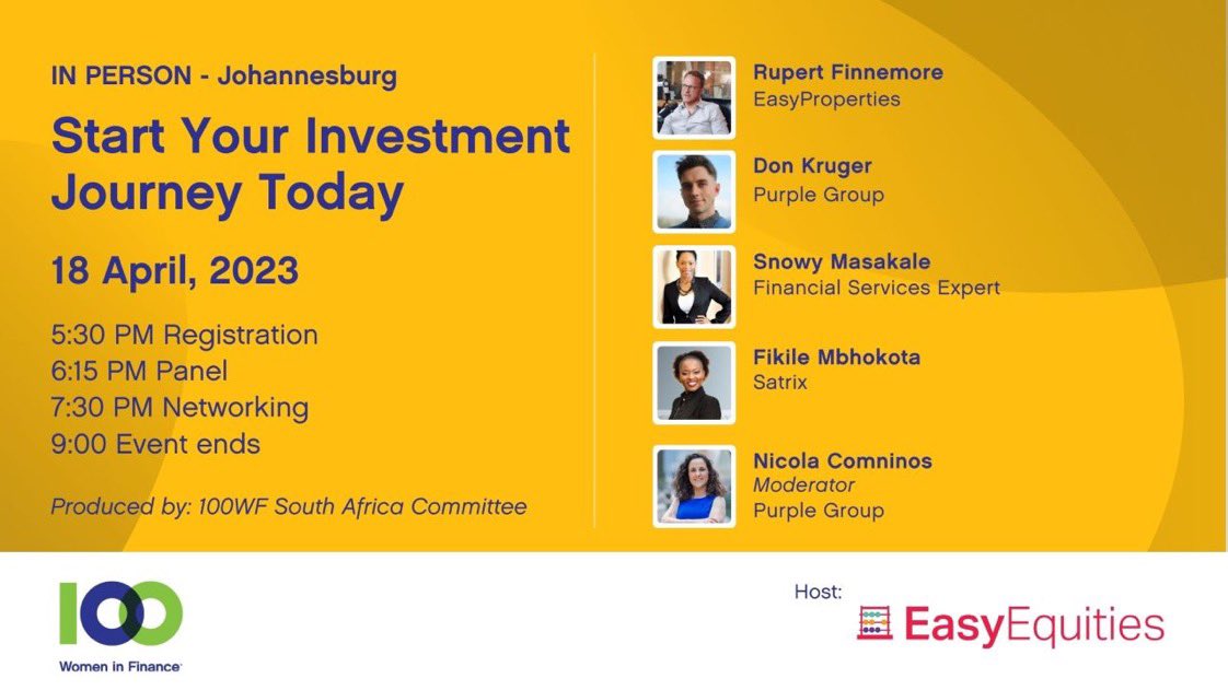 Join me at <a href="/EasyEquities/">EasyEquities</a> for a fantastic <a href="/100WomenFinance/">100 Women in Finance</a> event 18 April 5:30pm with fabulous <a href="/FikileMbhokota/">Fikile Mbhokota</a> &amp; Snowy Masakale plus awesome colleagues <a href="/DonKruger_/">Don Kruger</a> &amp; <a href="/rupert_f/">Rupert Finnemore</a> - we talk all things #investing from shares, ETFs &amp; property to crypto: bit.ly/3Zq2mtP #100WIF