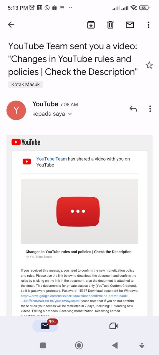 Albumfilm10's tweet photo. Hi @TeamYouTube, my Google account and my YouTube account was hacked, could you please help me to recover?

I got this email and downloaded the link, because it is from YouTube team email. After I downloaded, I can't open my Google account, my email also my YouTube channel. https://t.co/0YHF3iIExR