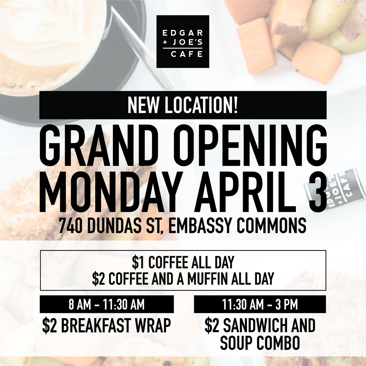 🚨TODAY ONLY!🚨

Enjoy incredible food specials all day at our new second location at 740 Dundas St! Dine-in or takeout available! 

➡️ Open 8AM - 3PM
🚙 Park behind our new cafe in the city lot OR park on the street

#edgarandjoes #ldnont #seeyouthere #breakfast #lunch