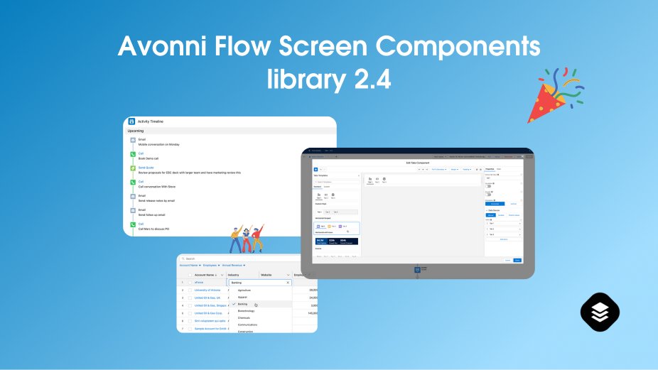 AvonniApp's tweet image. 🚀 Avonni Flow Screen Components Library v2.4 is LIVE! 💥 
Enjoy: 
✅ New Component Templates 
✅ Enhanced Customization Options 
✅ Improved Performance 
✅ Bug Fixes 

Elevate your #SalesforceFlowBuilder game with these powerful updates! #AvonniComponents #SalesforceAdmins…