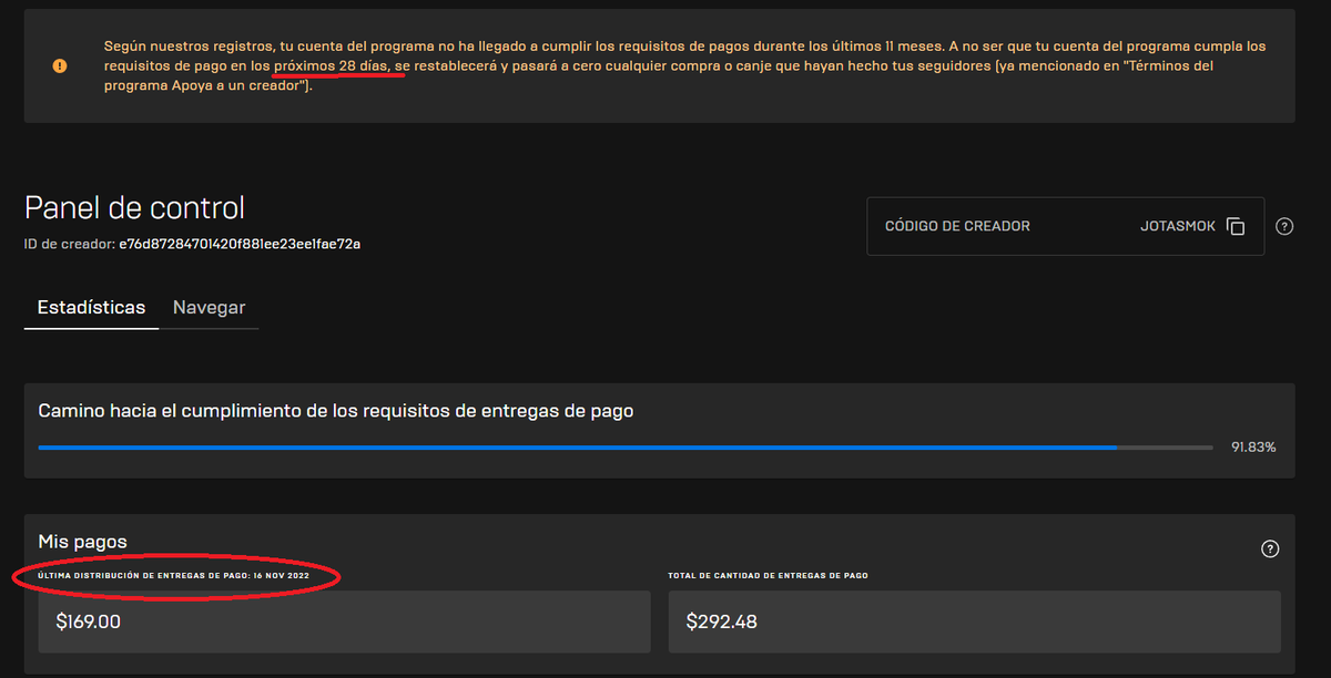 jotasmk's tweet photo. Tengo este aviso de que me quitaran mi dinero juntado con mi codigo de creador porque se cumplira el año desde el ultimo pago, pero el ultimo pago fue en noviembre... WTF @EpicGamesES ?? El año mas corto de mi vida XD https://t.co/8pMPst53uc