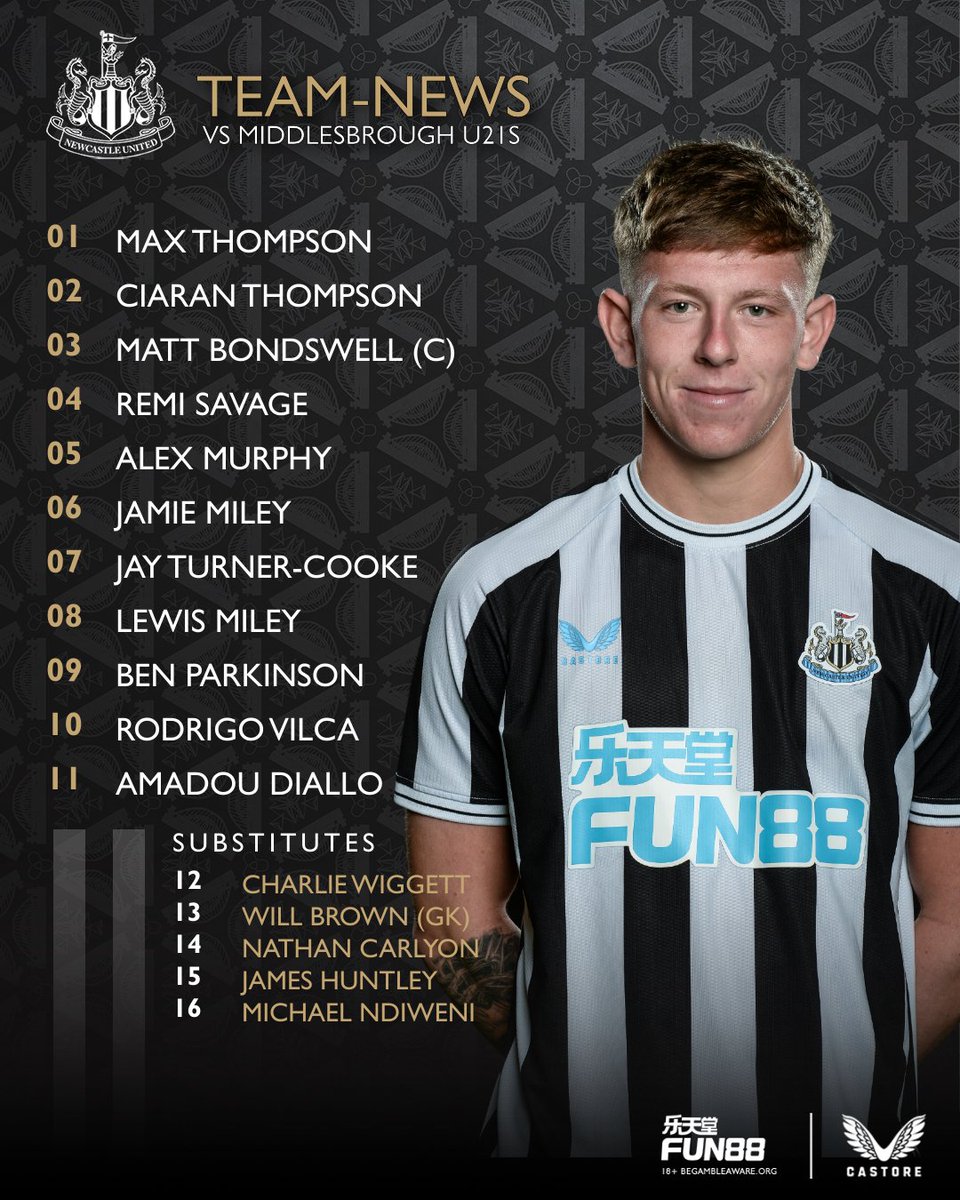 NUFC's tweet photo. 🚨 TEAM-NEWS 🚨

Here's how #NUFC's U21s line-up for this evening's Tyne-Tees derby against Middlesbrough! ⚫️⚪️

Kick-off at St. James' Park for tonight's #PL2 clash is at 7pm (BST). https://t.co/Bq35AJfHRv