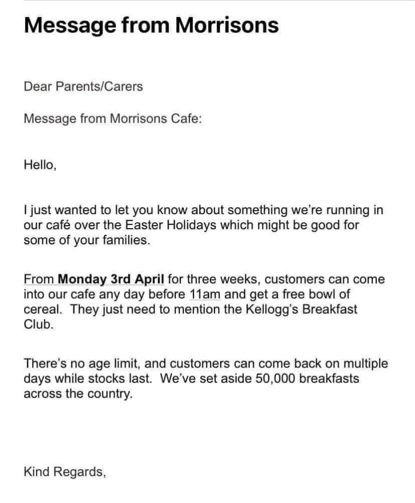 See the information below regarding free breakfasts from Morrisons. <a href="/SDLPrimary/">SheepDipLanePrimary</a> <a href="/ExceedLP/">Exceed Learning Partnership</a>