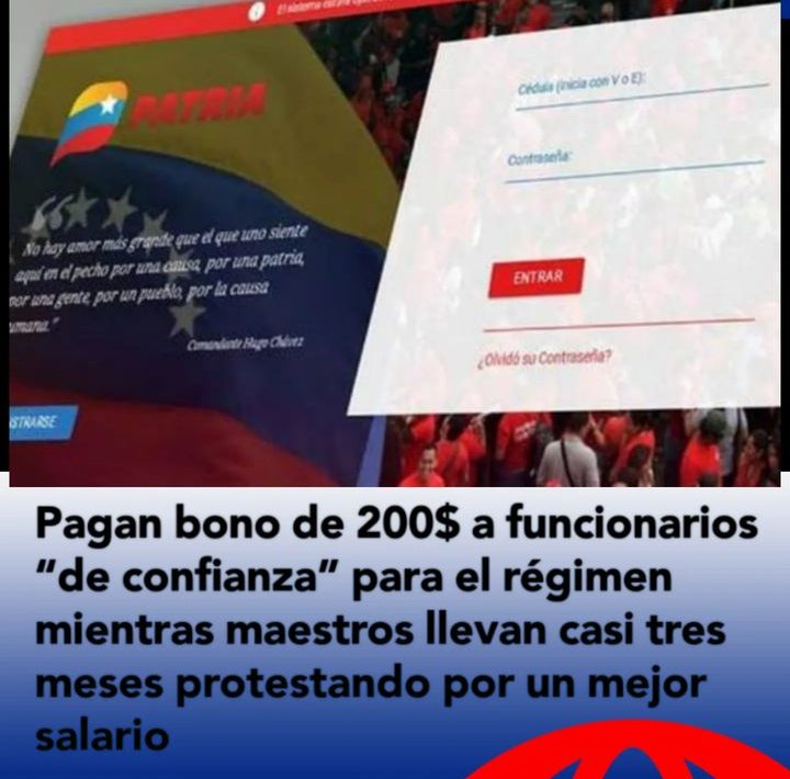 Que barbaridad @NicolasMaduro, un #BonoEspecial de $200 para los militares que llevan décadas sin defender a la patria pero a los #Maestros le pagas $10 al mes que son los que preparan a los jóvenes que serán el futuro de #Venezuela

Basta, exigimos #SalarioJustoSuficienteyDigno