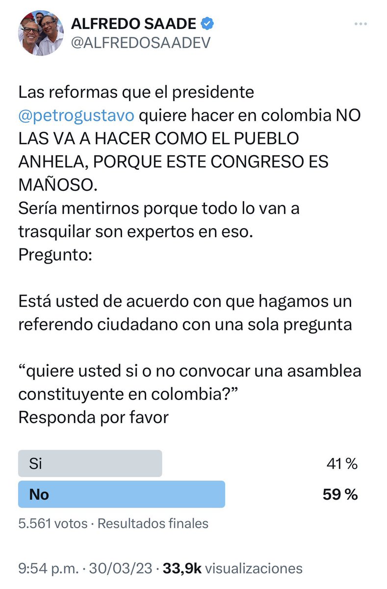 socifono's tweet photo. Cuando ganan sus encuestas, “Twitter es la voz del pueblo” y cuando pierden “es una red tan de ultraderecha”. 

Vea, Colombia no quiere constituyente. Aquí los que la quieren son usted y su grupito de antidemócratas que quieren pasarse el congreso por el forro.

Bendiciones. https://t.co/BjvUVT0Tf1