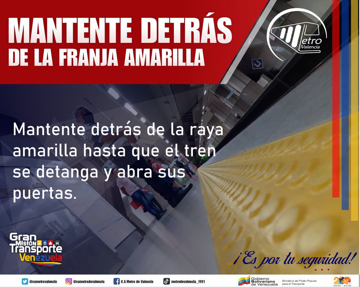 CAMETROVALENCIA's tweet photo. #EnMetro🚇||Cumplir las #Normas dentro del #SistemaMetro son esenciales para el desarrollo óptimo del servicio de traslado en @CAMETROVALENCIA||Permanece detrás de la franja amarilla hasta que el tren se detenga, #Recuerda es el límite de tu seguridad 🟡🖐🏽||#SemanaMayorEnFamilia https://t.co/sKInN5Qca0