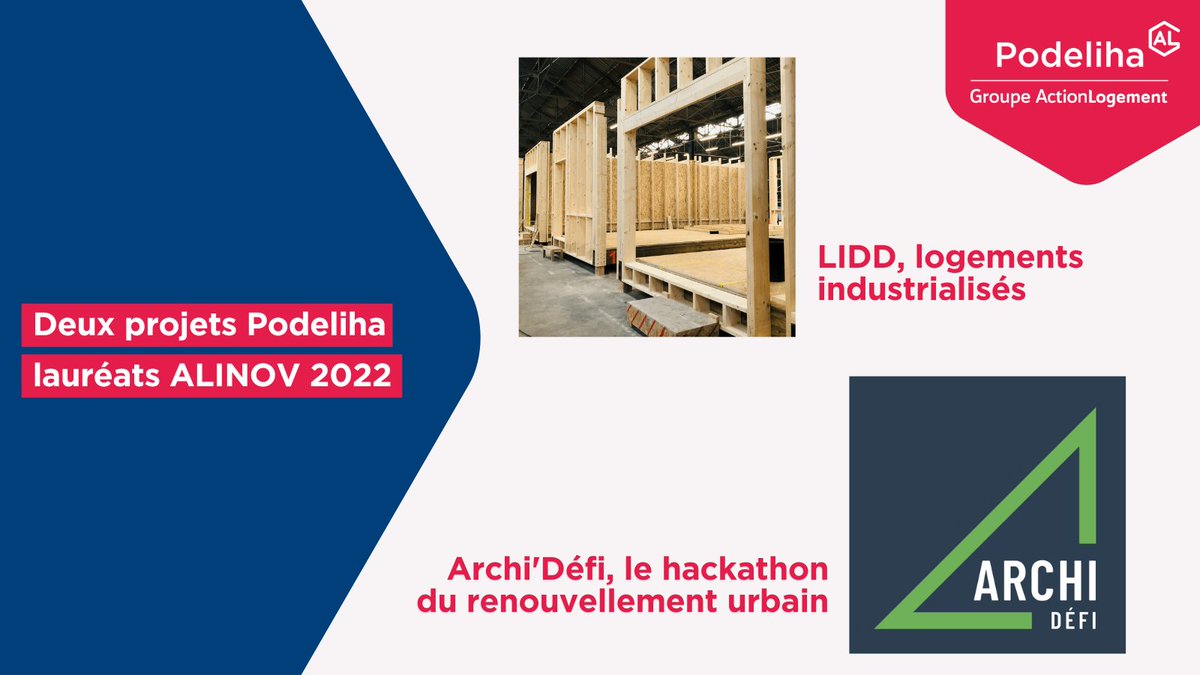 | 𝗟𝗮𝘂𝗿𝗲́𝗮𝘁 🏆 |
2 projets innovants de Podeliha sont lauréats #ALINOV 2022, le fonds d’#innovation <a href="/ActionLogement/">Action Logement</a>. Il s'agit des projets « LIDD, logements industrialisés » et « Archi'Défi, le hackathon du renouvellement urbain ».
En savoir + 👉 bit.ly/3ZCHHCL