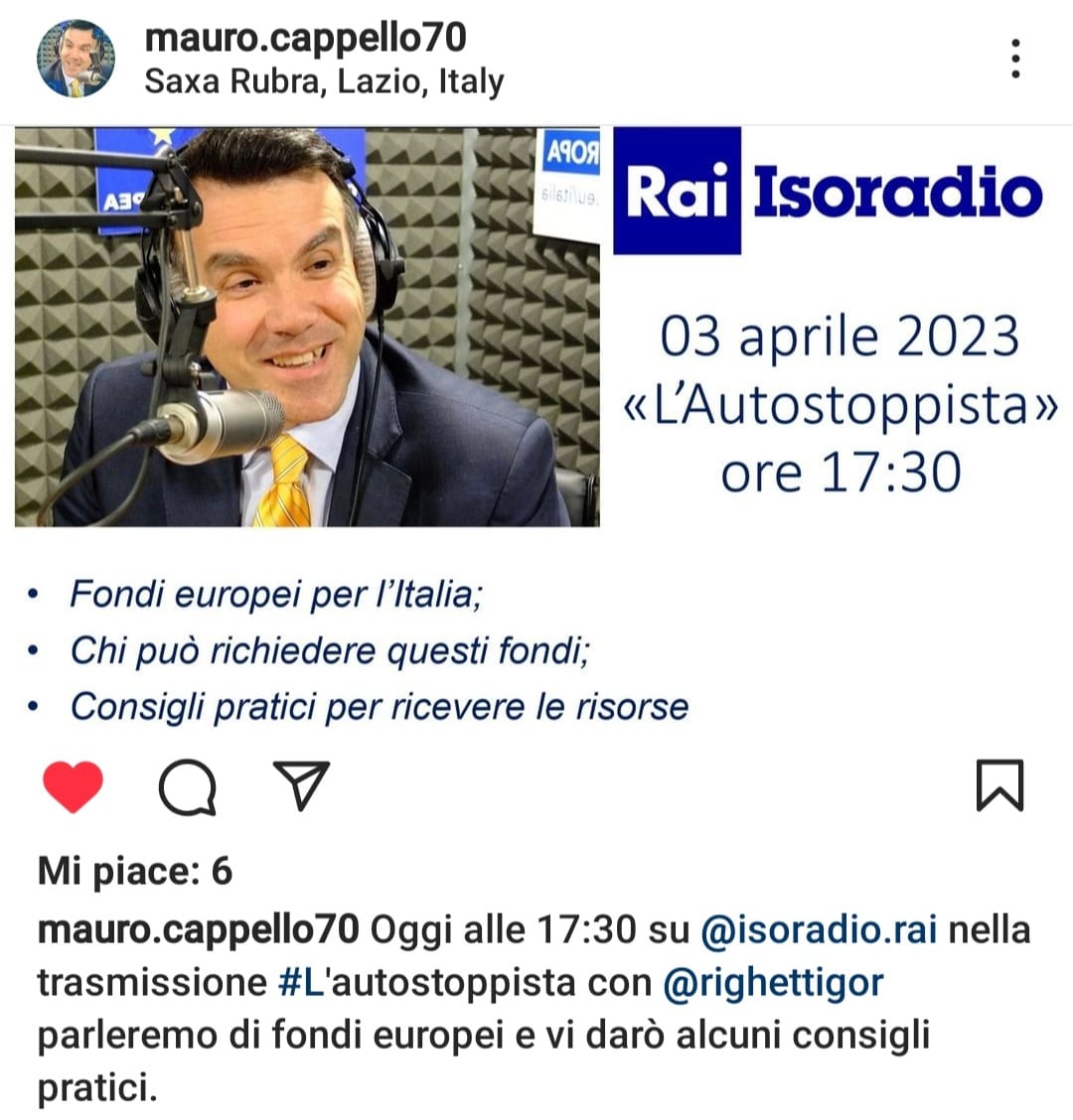MauroCappello's tweet photo. Oggi alle 17:30 Vi aspetto su @IsoradioRai  per parlare di #PNRR e #fondieuropei con @igorrighetti https://t.co/2xlOhsVbQl