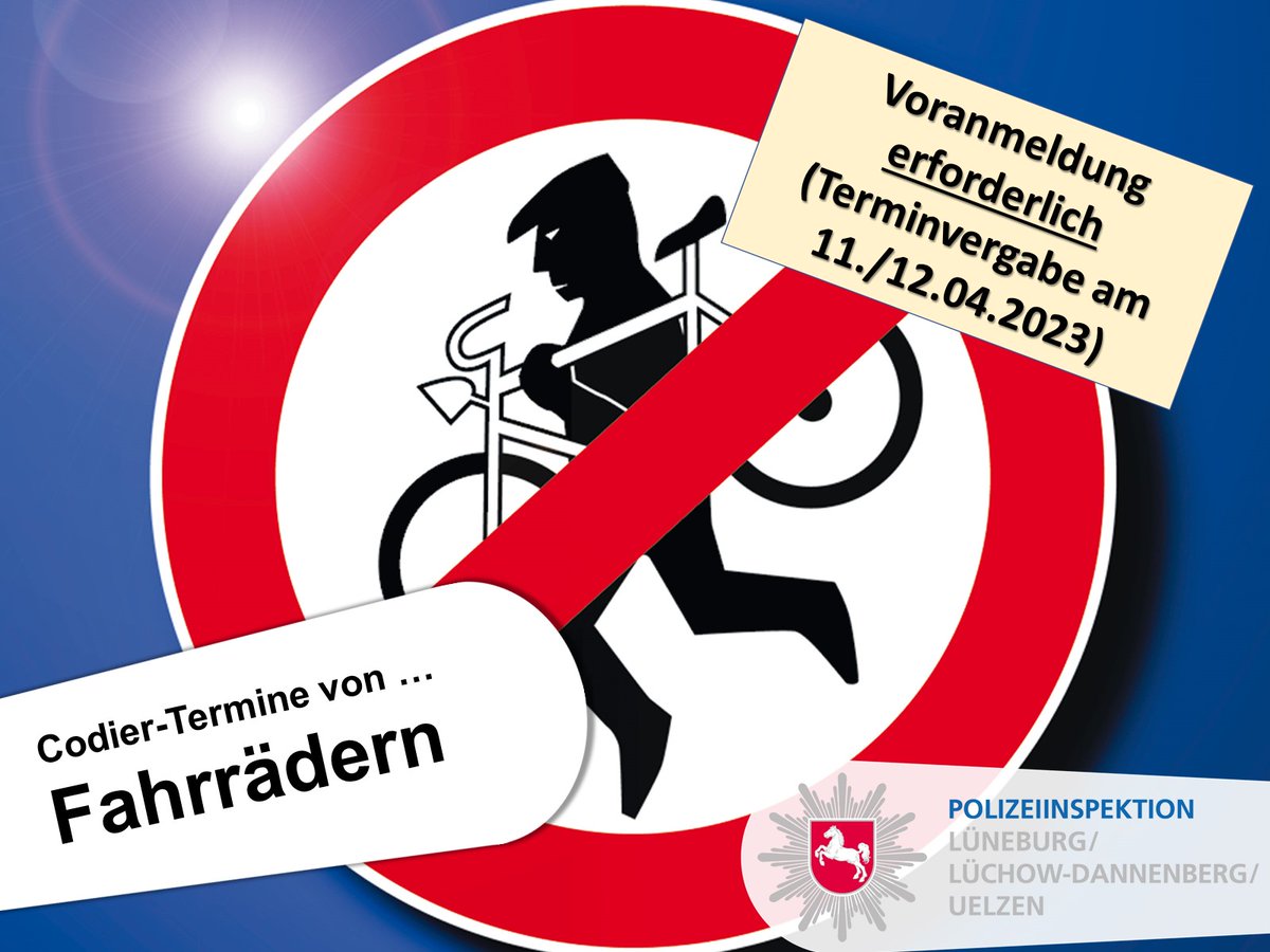 Polizei_LG's tweet photo. ++ Neues Jahr, neue Codieraktionen ++ Fahrradcodierung im Landkreis Lüchow-Dannenberg und in Amt Neuhaus ++ telefonische Voranmeldung am 11. und 12.04.2023 ++
https://t.co/19Yj1cIUBC
#polizeilg #polizeidan #polizeiue #fahrrad #codieren https://t.co/1NheXovcPG