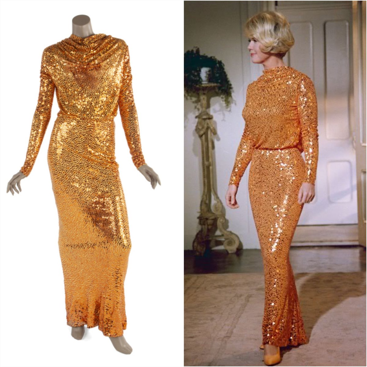doris day orange dress If anybody can pull off orange, its DORIS!  Doris Day makes an  entrance wearing a form fitting orange sequin dress in Do Not Disturb.  (1965) Costume design by Norman Norell. , -Fun Fact: Doris