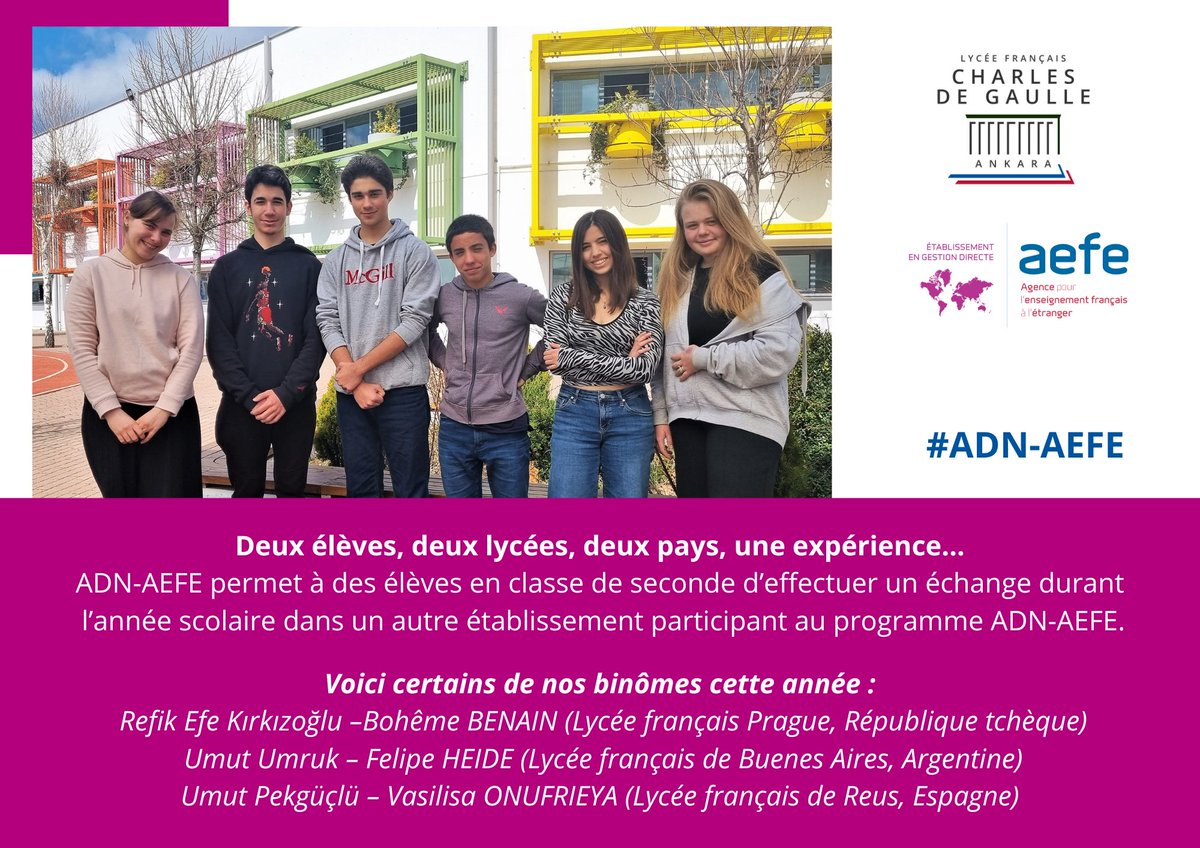 LCDGAnkara's tweet photo. 📌Deux élèves, deux lycées, deux pays, une expérience…
#ADNAEFE En s’immergeant pendant plusieurs semaines dans un nouvel environnement, les élèves enrichissent leur parcours  tout en bénéficiant d’une continuité dans les apprentissages.
@aefeinfo https://t.co/jYEhWOx6w3