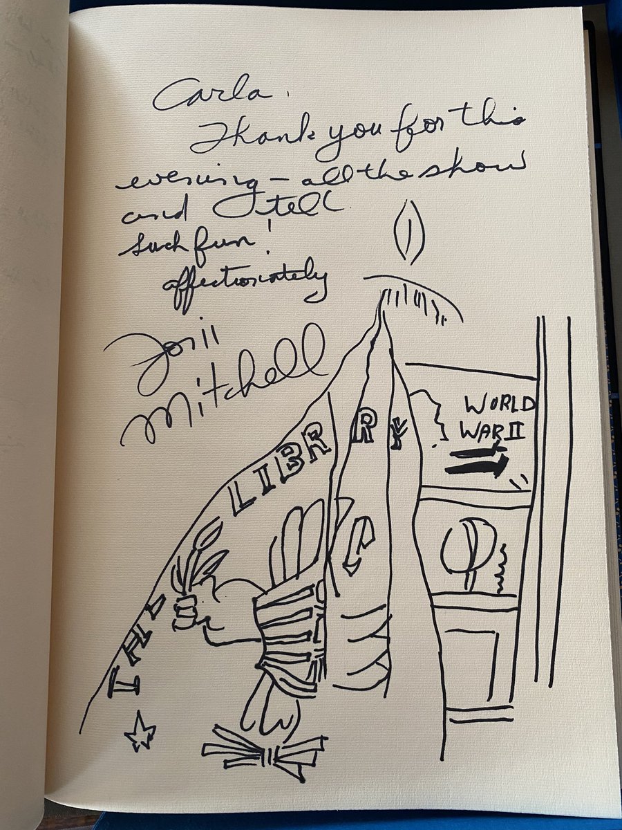 LibnOfCongress's tweet photo. We are still glowing in the light of @jonimitchell after the @PBS premiere of the 2023 @librarycongress Gershwin Prize. 
Before she left Joni signed (and drew) this thoughtful message. The drawing is the Library’s flag by the bookcase. https://t.co/40UqRkTvA5
