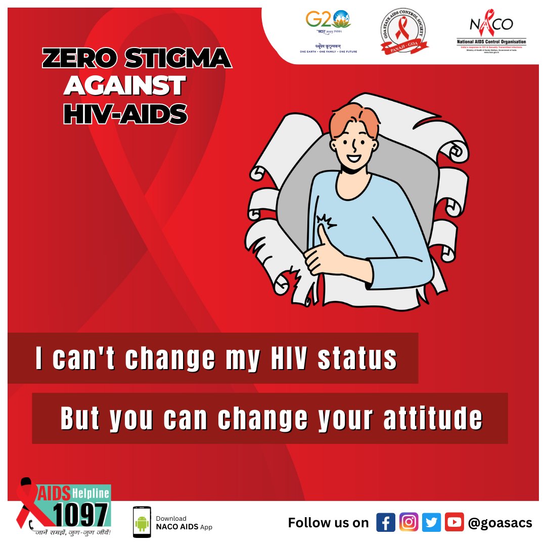 goasacs's tweet photo. HIV does not spread by caring and socially accepting a person living with HIV.
Say no to HIV/AIDS related stigma and discrimination.

#hivstigma #SayNoToDiscrimination #hivdiscrimination #socialacceptance #dial1097 #NACOApp #HIVawareness #AIDSawareness #HIV #AIDS #goasacs https://t.co/7IJOrjqOx2