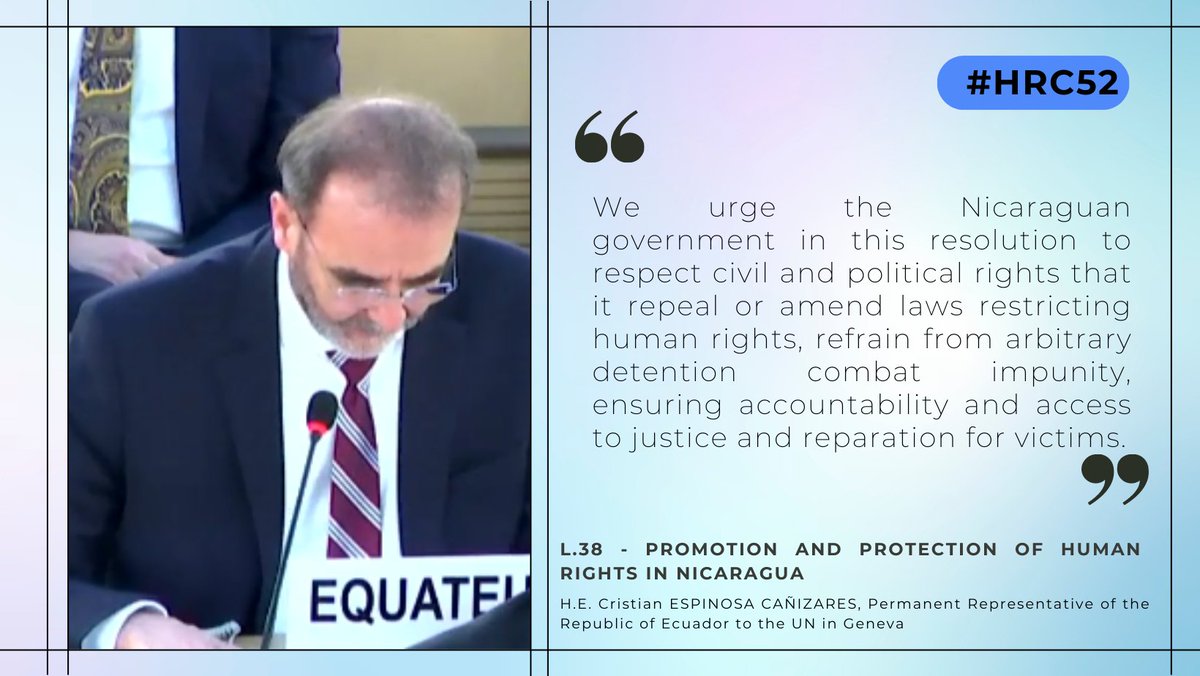 URGthinktank's tweet photo. 🗣️At #HRC52 @ONUGinebraEC presents draft res. #L38 ‘Promotion and protection of #HumanRights in #Nicaragua🇳🇮’ and explains the res.:
🔹Renews the mandate of #GHRE for2️⃣years
🔹Requests #HC to strengthen monitoring & engagement and the Gov. to cooperate with #OHCHR

📜Draft res.: https://t.co/jCMnRJ1hSv
📺 Live: https://t.co/Ty3LOfqdcp