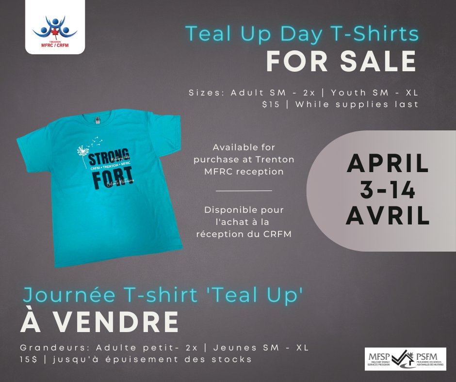 Teal Up t-shirts will be for sale at Trenton MFRC reception from April 3rd - 14th. T-shirts are $15 and come in Adult sizes Small - 2X, and Youth sizes Small - XL.

*CASH OR DEBIT ONLY*