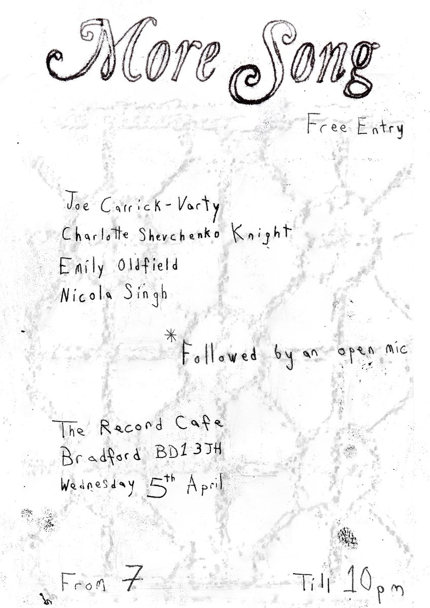 @GuiltyTherapist @n_ehmed @kirstybratfud @louisethepoet @kerdonk @MattAbbottPoet @harispoet @annasiancole @caitisapoet @brionyspandler @poetryfortppl great thank you for this list! while I’m here I should promote our event on Wednesday – free entry followed by an open mic