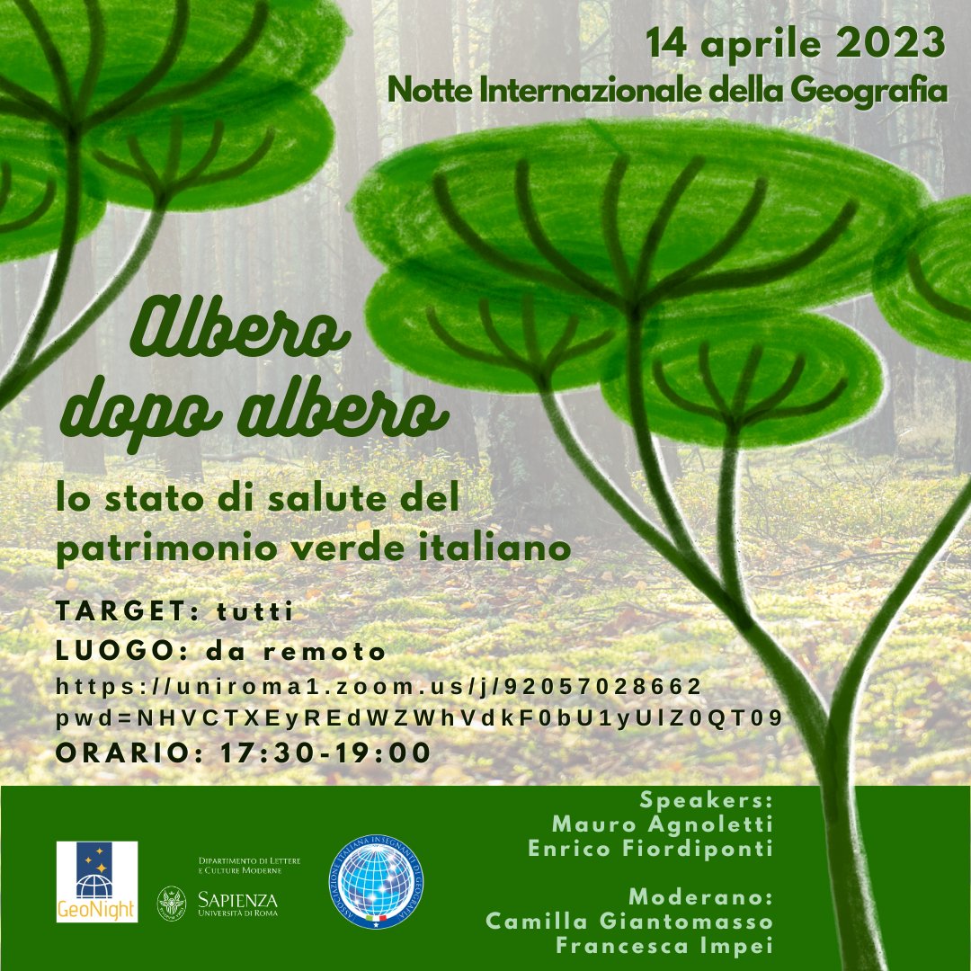 📅 venerdì 14 aprile 2023, ore 17:30-19:00

💻 ONLINE al link uniroma1.zoom.us/j/92057028662?…

👉 Prenotazioni obbligatorie al link tinyurl.com/geonight23

#geonight #geonight2023 #nottedellageografia2023 #geography #geografia @unescoitalia @ecomuseo_casentino @francesca_impei