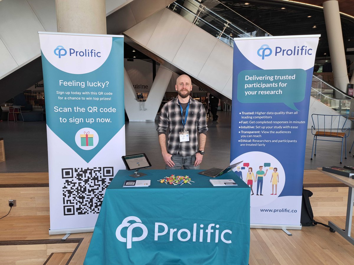 Prolific's tweet image. Ready to make the transition to online research? 
Or, are you looking for better data?
Prolific has 130K+ high-quality &amp;amp; diverse participants for you
Got questions? Ask our in-house research consultant Andrew, at the Booth today
#EconTwitter #RESConference #RES2023 @UofGlasgow