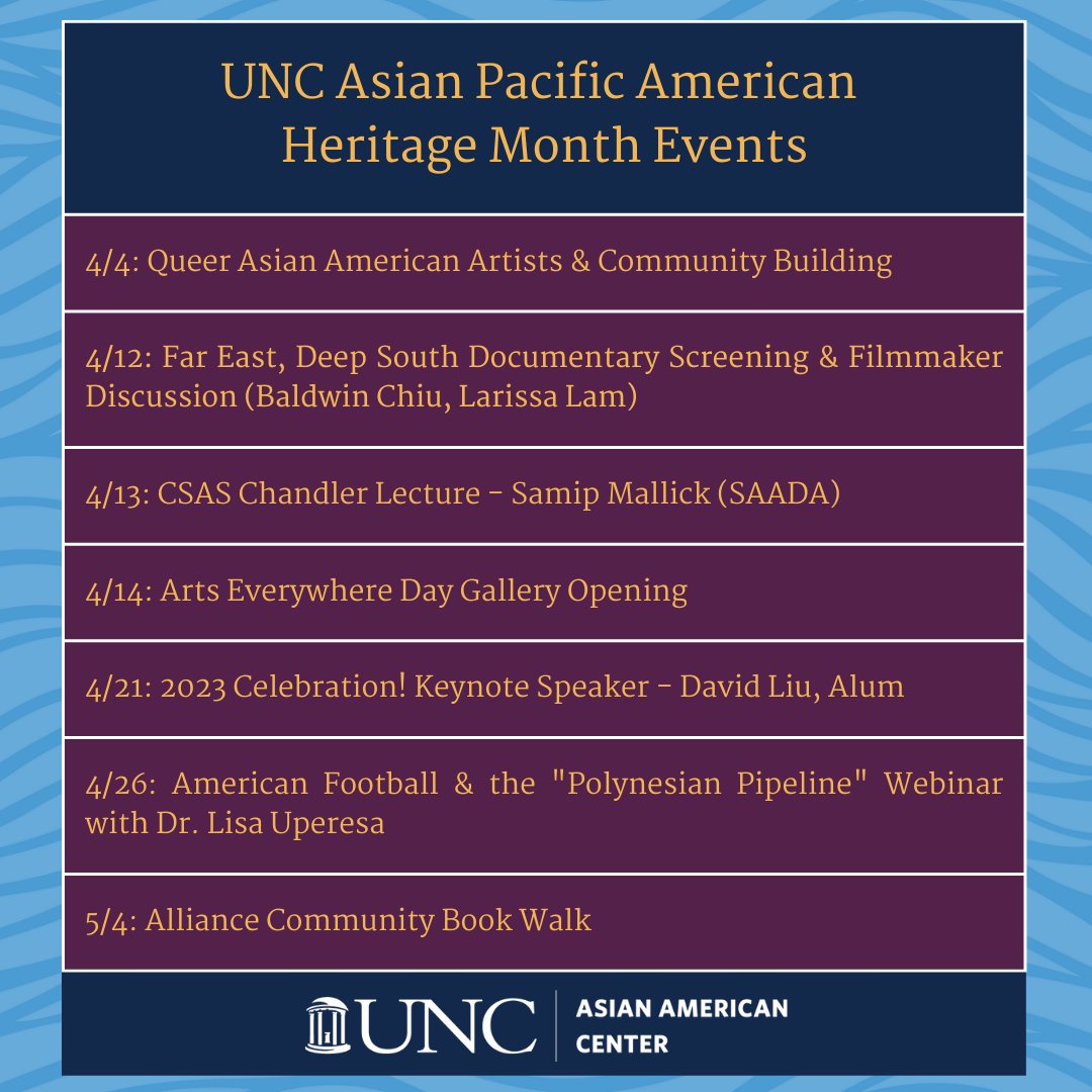 Happy UNC Asian Pacific American Heritage Month (APAHM)! We have a wide variety of events planned and hope to see you there. Thank you to our co-sponsors @UNCStoneCenter @UNCSouth @unccampusrec @UNC_AIC @UNC_CLC @UNC_SADev @GoHeels! aac.unc.edu/news/apahm-202…