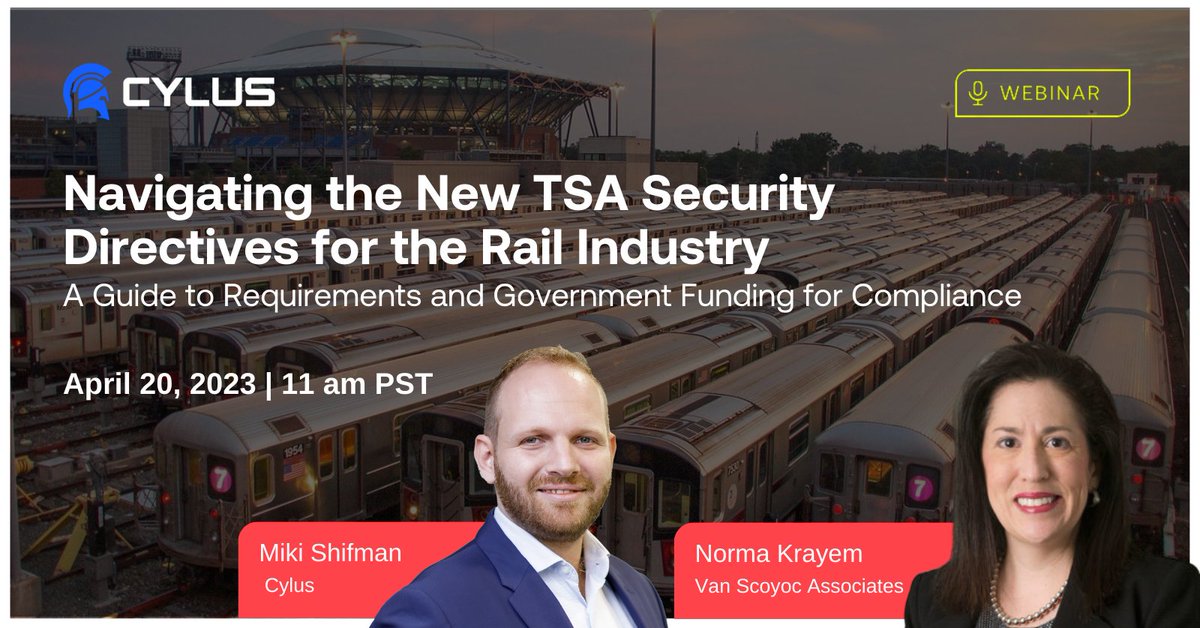 Cylus_Security's tweet image. Attention rail industry professionals! 🚆🔒 Join Cylus for an exclusive webinar on April 20 at 11am PT, featuring expert insights on navigating the latest TSA security directives. Don&apos;t miss out, register now 👉 eu1.hubs.ly/H03lWN90 #railcybersecurity #webinar #TSA