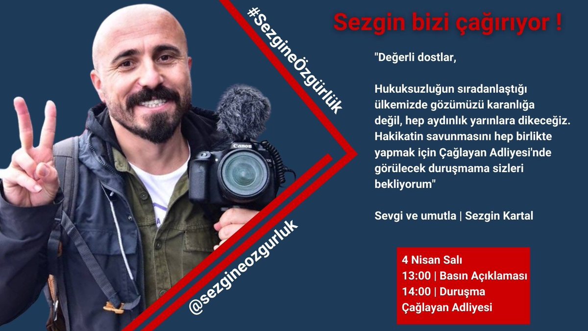 Gazeteci Sezgin Kartal, 10 Ocak Çalışan Gazeteciler Günü'nde gözaltına alındı

13 Ocak'tan bu yana tutuklu! Sezgin demokrasi için mücadele edenleri ilk duruşmasına davet ediyor

4 Nisan Salı-Çağlayan Adliyesi 
14:00-Duruşma 22. ACM

#SezginKartalaÖzgürlük
#GazetecilikSuçDeğildir