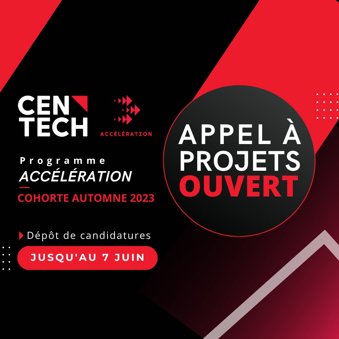 L’appel à projets du <a href="/CentechMTL/">Centech</a>, c’est maintenant ! 🚀

Ne manquez pas votre chance et appliquez dès maintenant. ⏰
Le processus d’application est ouvert jusqu’au 07 juin à 8h00 !

👉 centech.co/depot-de-proje…

#centech #centechmtl #dépôt #projet #candidature #accélération