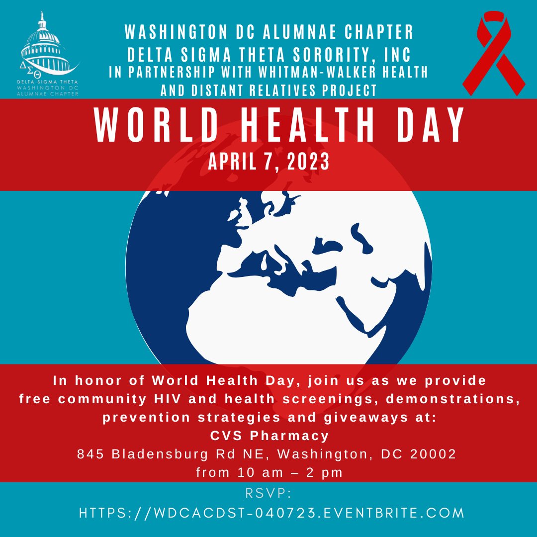 On World Health Day, join us as we provide free community HIV and other health screenings, demonstrations and giveaways at: CVS Pharmacy, 845 Bladensburg Rd NE, from 10 am – 2 pm wdcacdst-040723.eventbrite.com #WDCAC #whitmanwalker #distantrelativesproject #DST1913