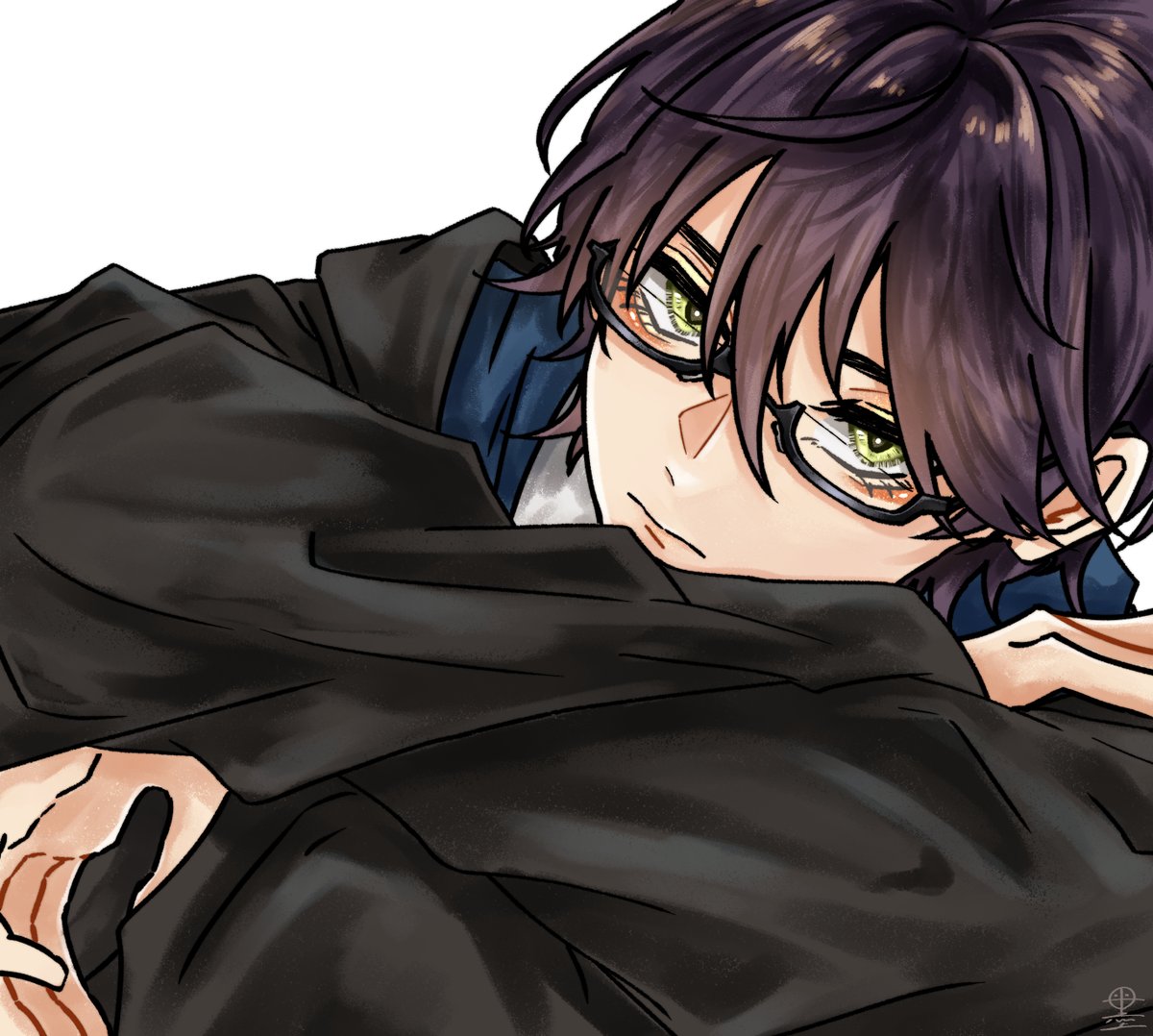 1boy male focus glasses solo green eyes looking at viewer white background  illustration images