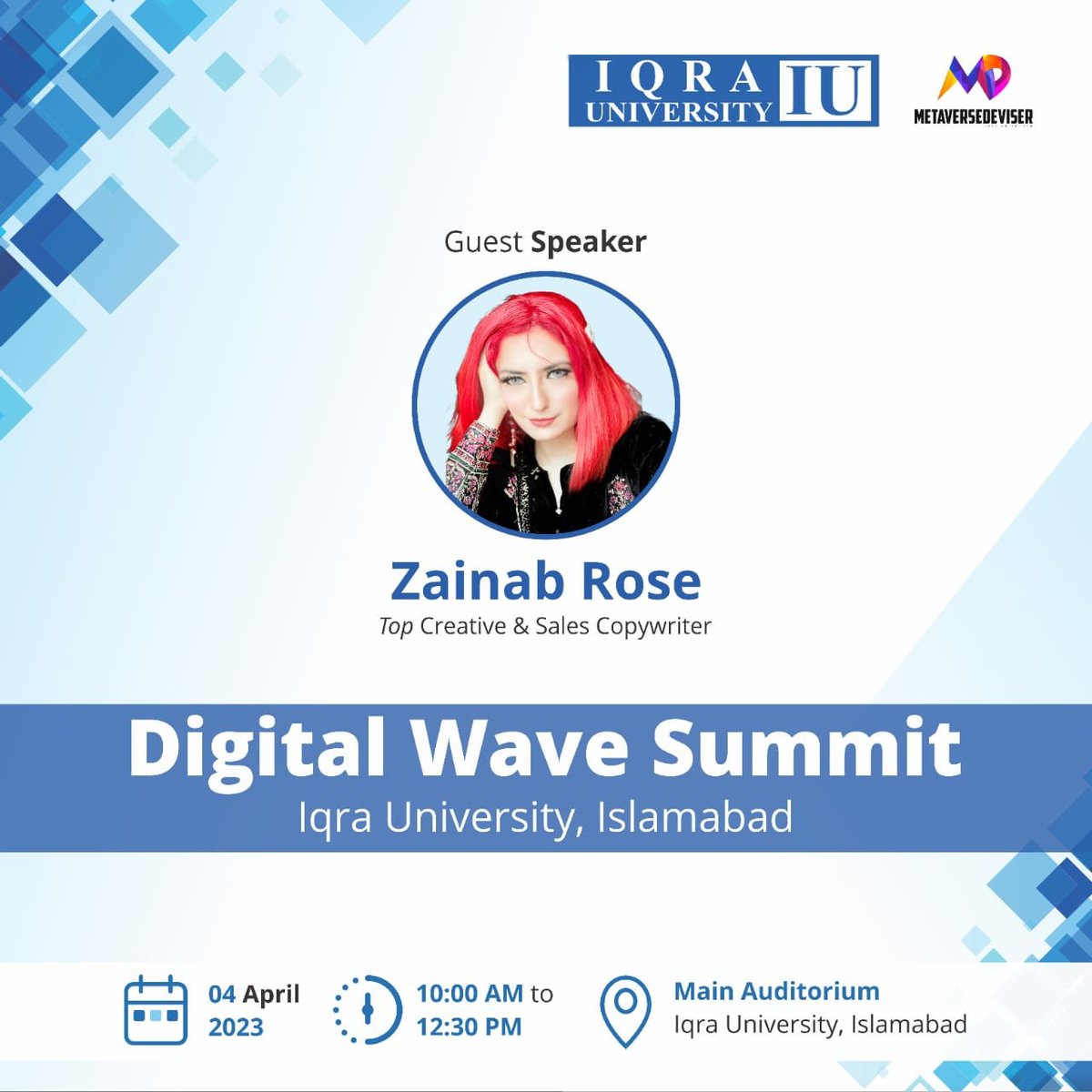IUIsbCampus's tweet photo. Get ready to experience a digital awakening like never before! Join us in welcoming the dynamic Creative &amp; Sales Copywriter, Ms. Zainab Rose, CEO of Copywriting Cosmos.  @zainabrose96
#Digitalwavesummit #IUIC #Tech #event https://t.co/q7jSY59EI2