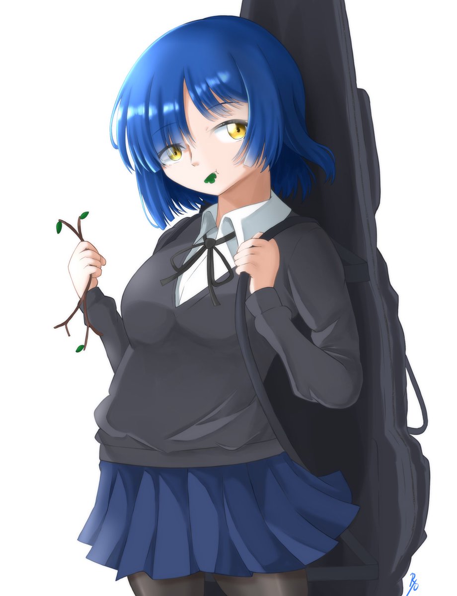 1girl solo blue hair skirt yellow eyes instrument case pantyhose  illustration images