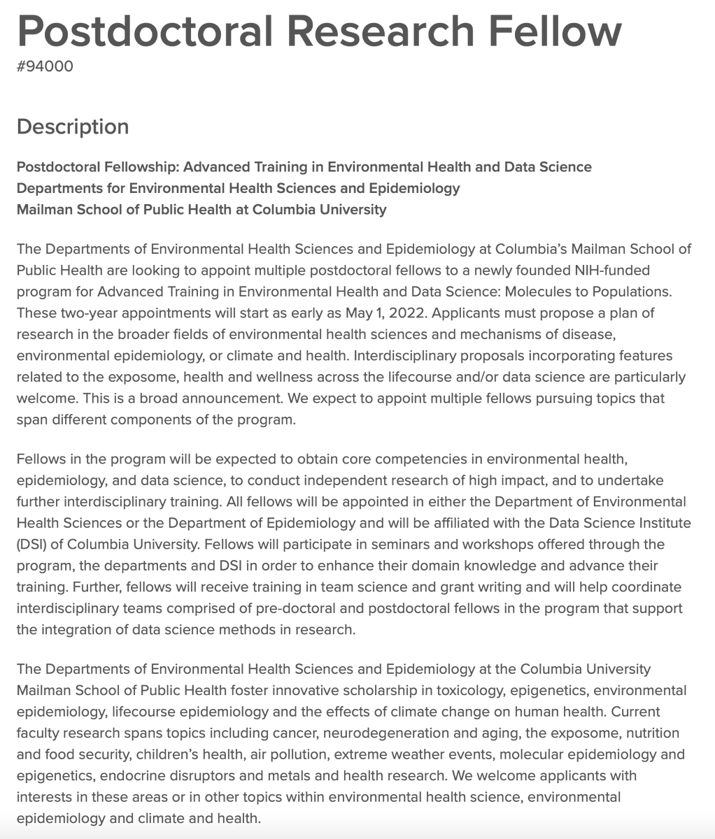SenPei_CU's tweet photo. Columbia Mailman @ColumbiaMSPH has multiple openings for postdoc fellows supported by an NIH T32 training program. If you are interested in environmental health sciences, environmental epi, or climate &amp; health, please share and apply here 👉: https://t.co/2ZR900QNwV https://t.co/a3qjlcaVjr