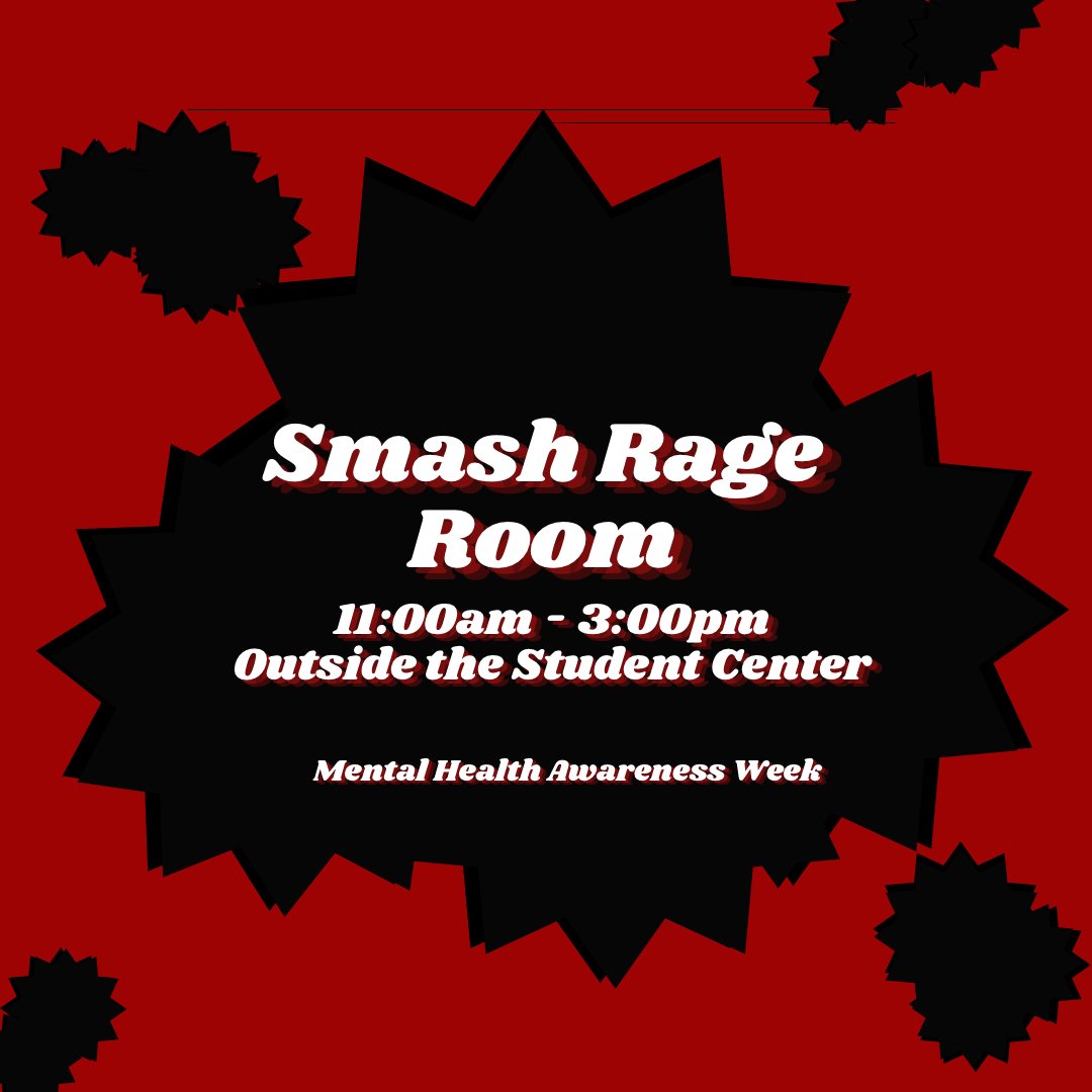 It’s Mental Health Awareness Week and we know it’s getting closer and closer to finals. So to help with any impending stress we’re bringing a smash rage room!! It will take place outside the SC a 11am!!  #uca #sab #funliveshere