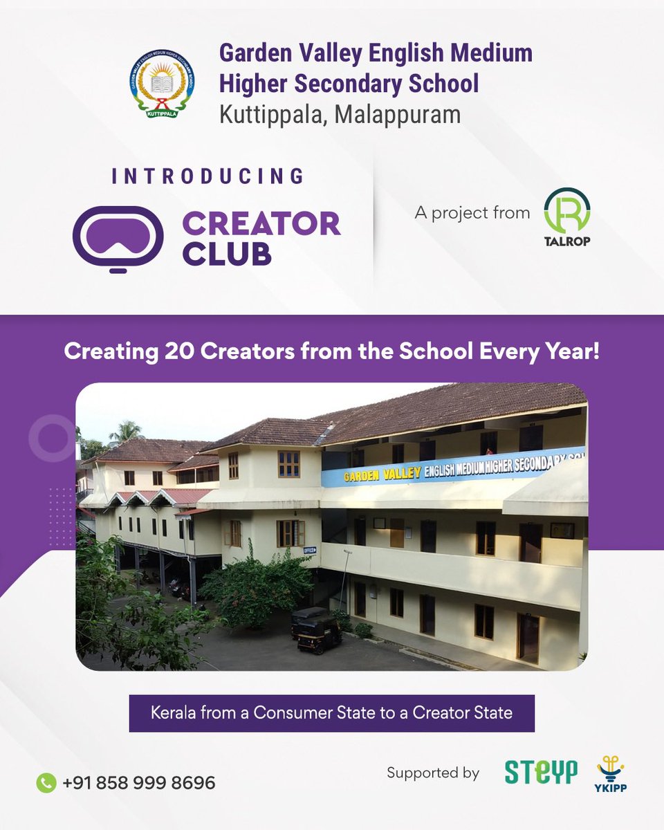 YkippOfficial's tweet photo. To transform Kerala from a consumer state to a creator state, Talrop is implementing Creator Club programme in selected 2,100 schools of Kerala.  

Garden Valley English Medium Higher Secondary School Kuttippala, Malappuram is pledging 20 creators from the school.

#talrop #ykipp https://t.co/4RJRogXnEV