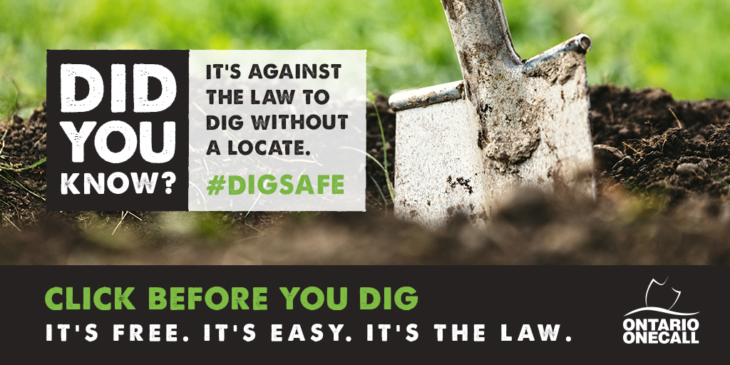 ErthPower's tweet image. April is #DigSafeMonth! Remember, digging without locates is dangerous.
Call or click @ON1Call before you dig! It’s free. It’s easy. It’s the law.

📱 1-800-400-2255 
💻 OntarioOneCall.ca