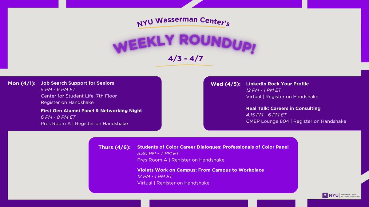 Happy April, everyone! Take a look at a sample of events happening this week. Sign up for these events and even more on Handshake!