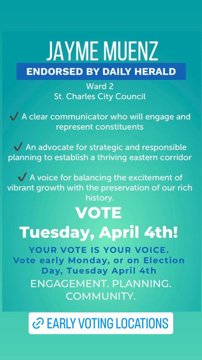 Today is the last day of early voting! Due to possible severe weather tomorrow, April 4th, consider voting early even if, like me, you traditionally vote on Election Day. 🗳️ 
Early voting info: kanecountyclerk.org/Elections/Page…
ENGAGEMENT. PLANNING. COMMUNITY. 
#electjayme #earlyvoting