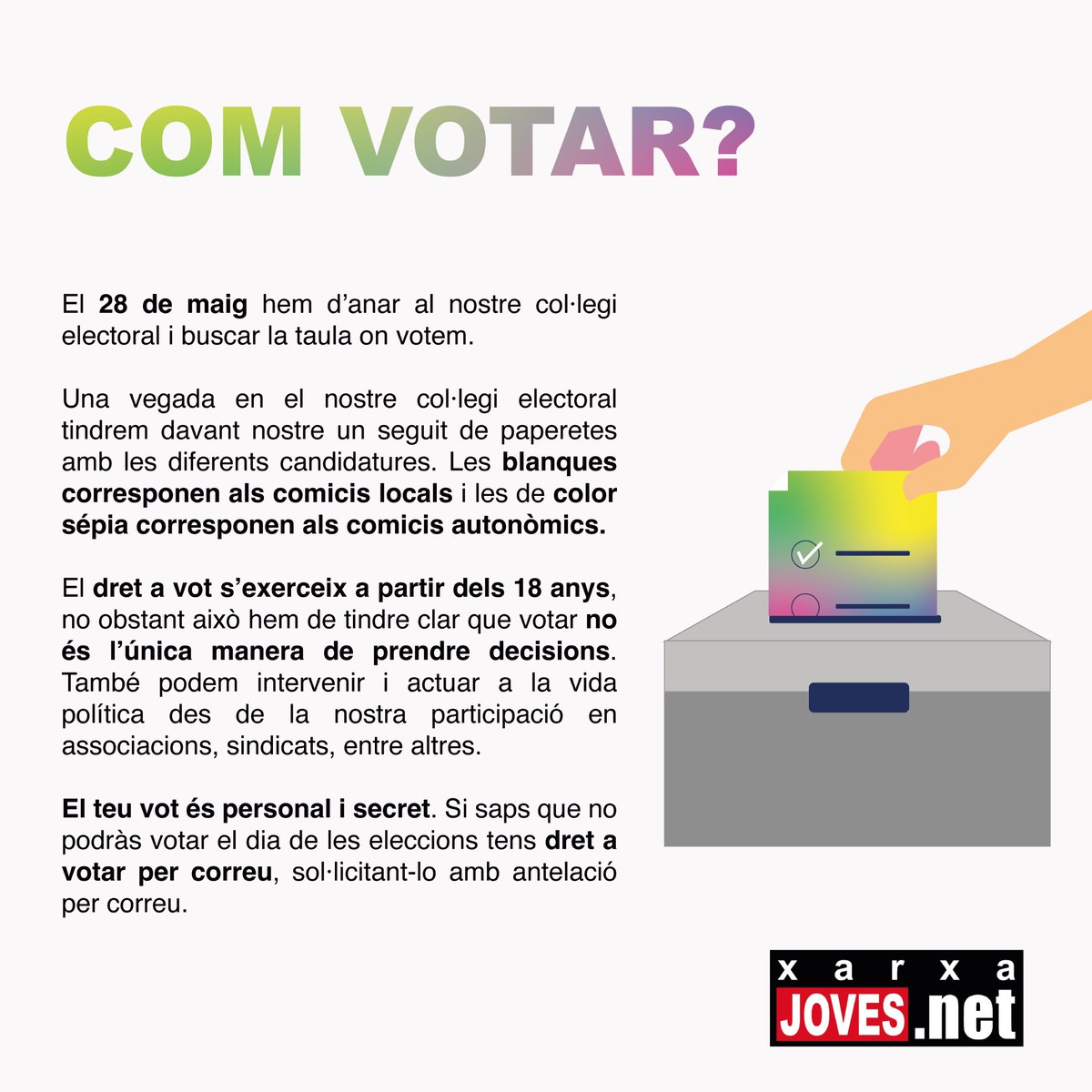 👉🏼El pròxim diumenge 28 de maig se celebren eleccions per determinar qui ens representarà i qui governarà l’ajuntament dels nostres municipis i la Generalitat Valenciana.