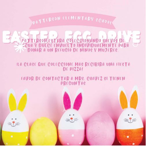 Patterson is collecting Easter eggs and individually wrapped candy to donate to The Bridge Over Troubled Waters. Please donate if you are able to 🍬 <a href="/PattersonESSEL/">#PattersonSEL</a> <a href="/PattersonESHISD/">Patterson ES</a>