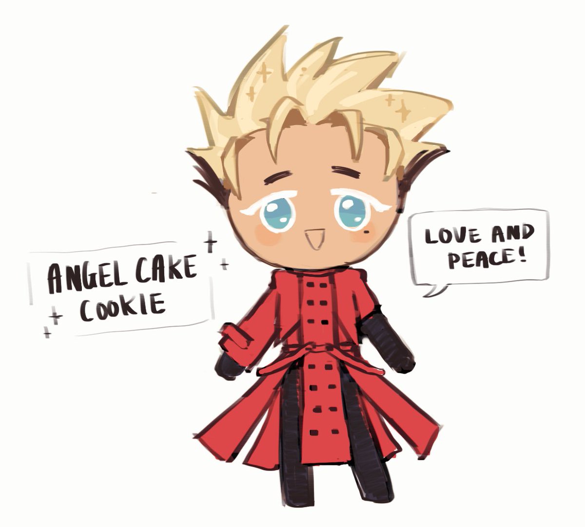 i take it back, VASH ANGEL CAKE COOKIE!!! (his costumes would be eriks, casual party outfit, angel arm, stampede… SO MANY POSSIBILITIES)