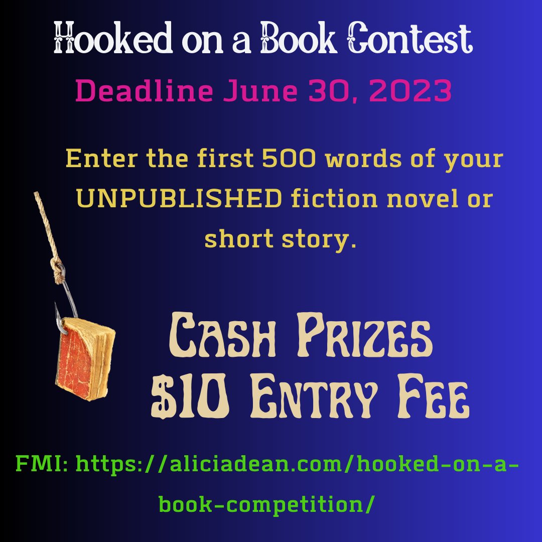 Hey #WritingCommunity! 
Does your opening draw readers in? Did you hook them with only a handful of words?
Enter the first 500 words of your UNPUBLISHED #fiction Novel or Short
 Entry Fee $10
Cash Prizes!
aliciadean.com/hooked-on-a-bo…
#FictionWritingContest #AmWriting #WRPbks #AHAgrp