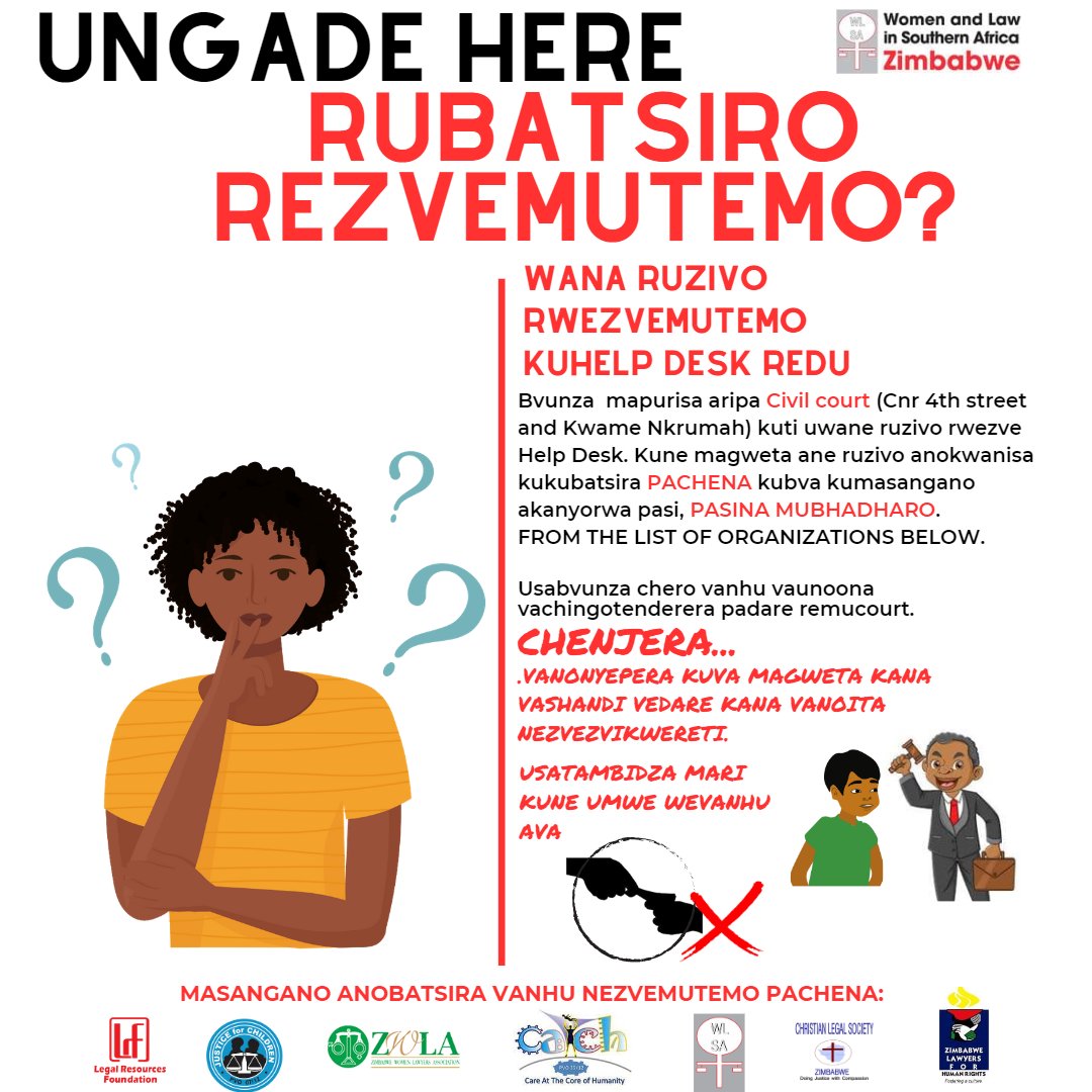 Visit us for legal advice at our help desk in Civil Court every Monday and Wednesday, and our offices every Tuesday and Thursday from 0800hrs-1300hrs 
#accesstojustice