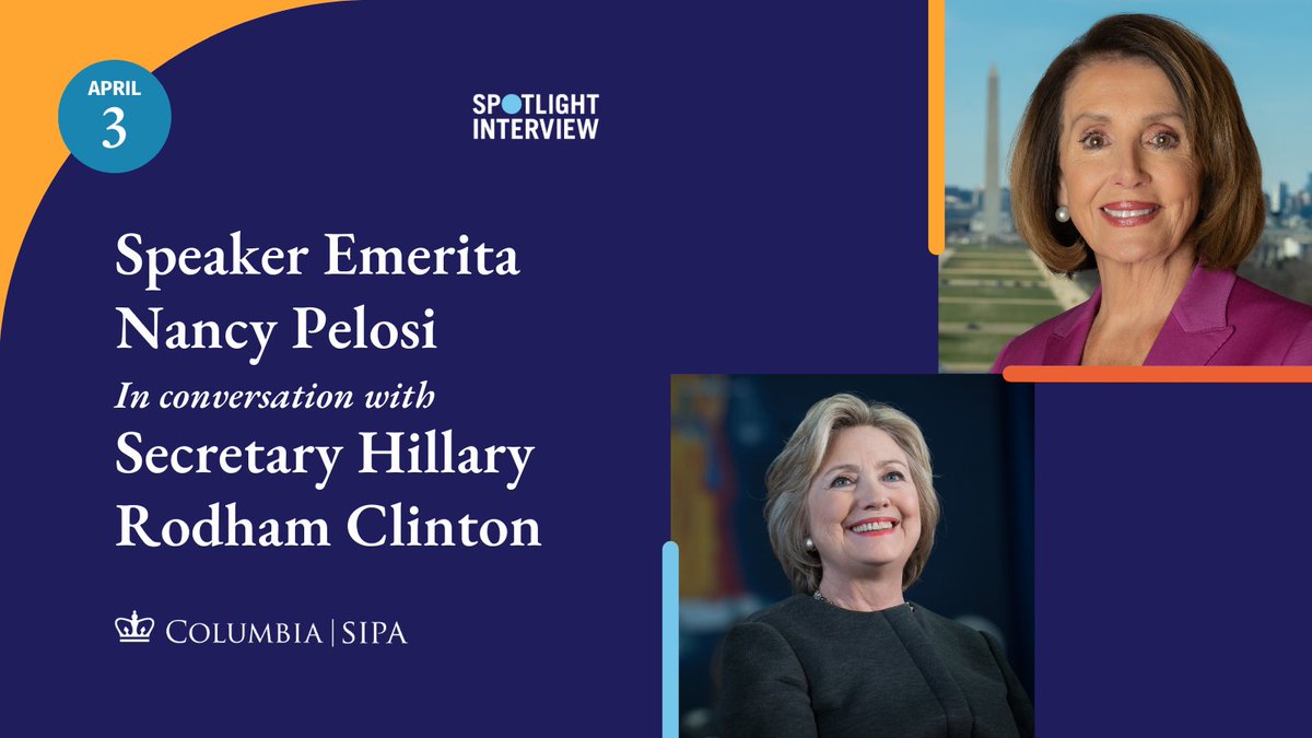 Join <a href="/SpeakerPelosi/">Nancy Pelosi</a> and me today with <a href="/ColumbiaSIPA/">Columbia | SIPA</a> to talk about Ukraine, the state of democracy across the world, and the fight for women's rights here at home. 
Register for the livestream and join us from 12:30pm to 2pm ET: eventbrite.com/e/spotlight-in…