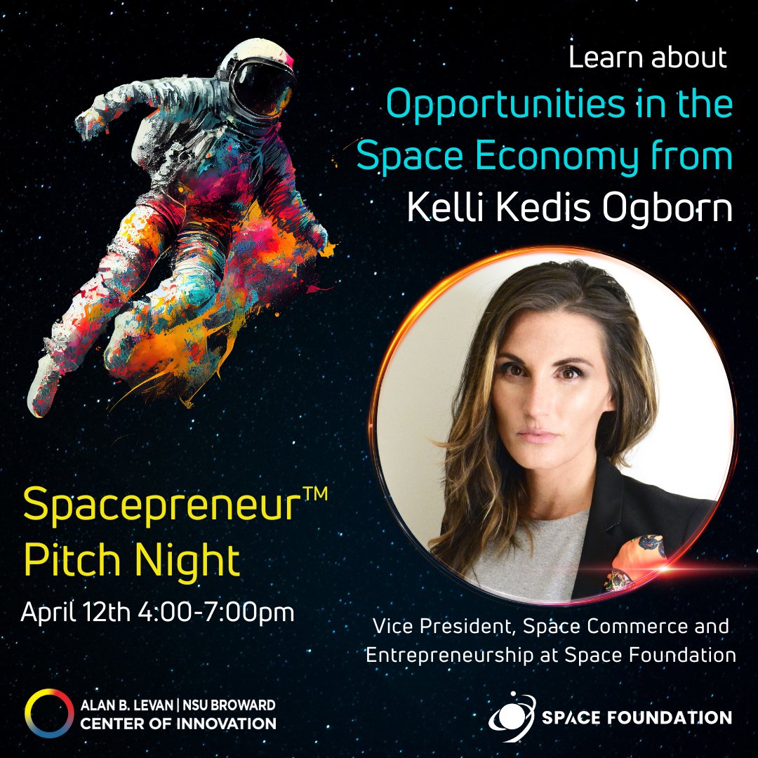 Want to learn about business opportunities in #space? You can during our Spacepreneur™ Pitch Night on 4/12. <a href="/KKedisOgborn/">Kelli Kedis Ogborn</a> of the <a href="/SpaceFoundation/">Space Foundation</a>, will be here enlighten us about opportunities in the space economy and how we can participate. Register at bit.ly/SpacePitch1